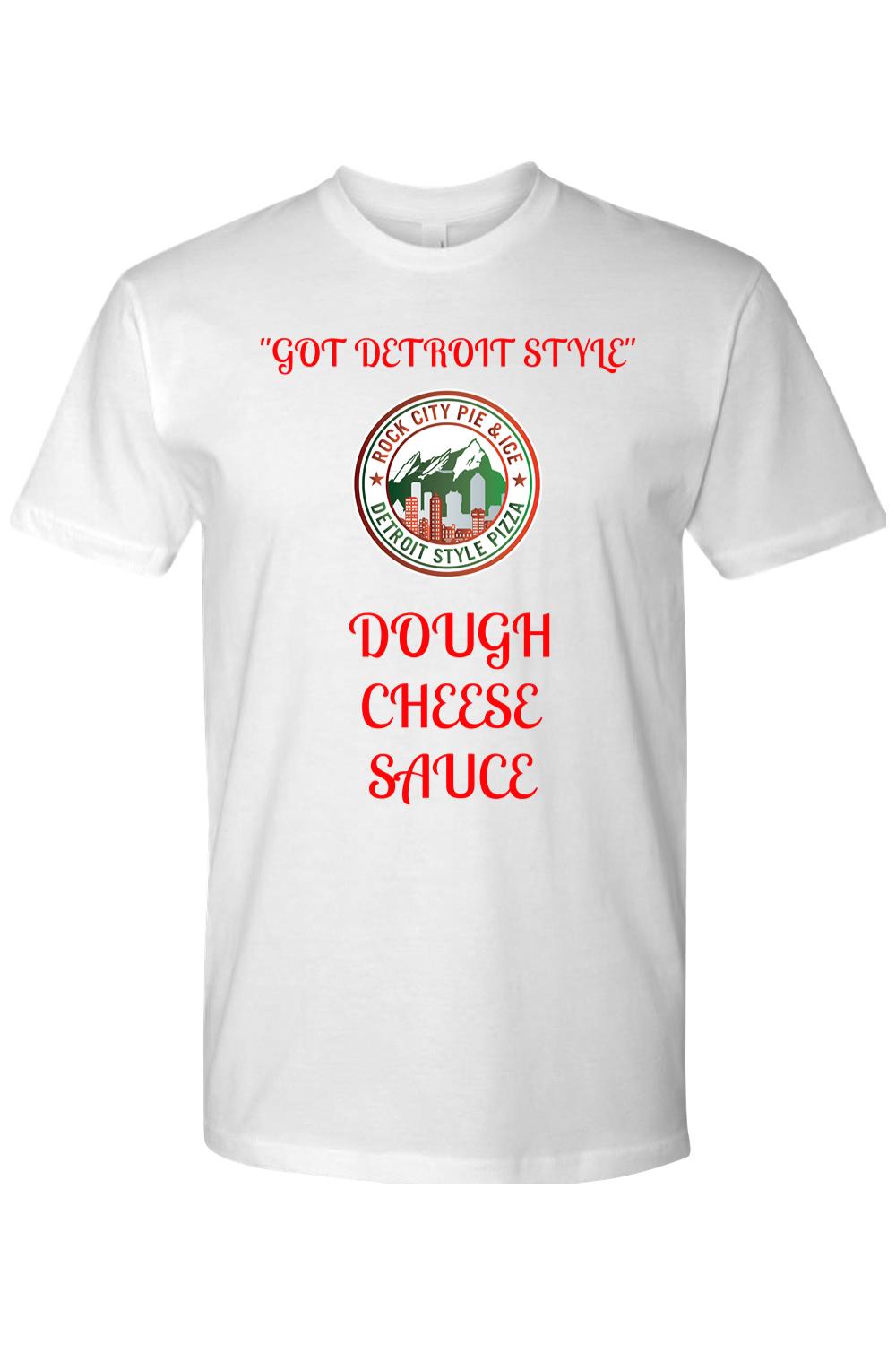 White cotton crew neck t-shirt featuring a red Rock City Pie & Ice logo and Detroit style pizza text.