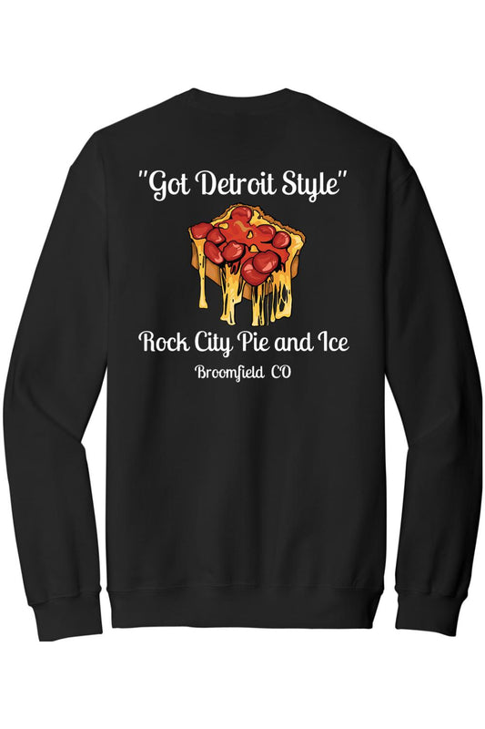 Black crewneck sweatshirt featuring a Detroit-style pizza graphic with text on the back.