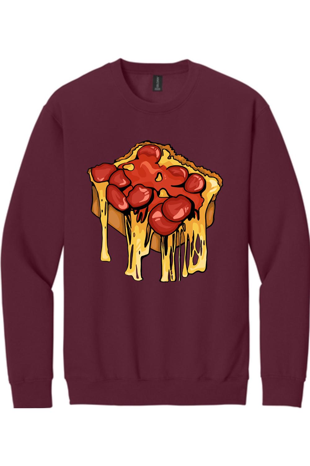 Maroon long sleeve crewneck tee featuring a graphic of a slice of pepperoni pizza with melting cheese.