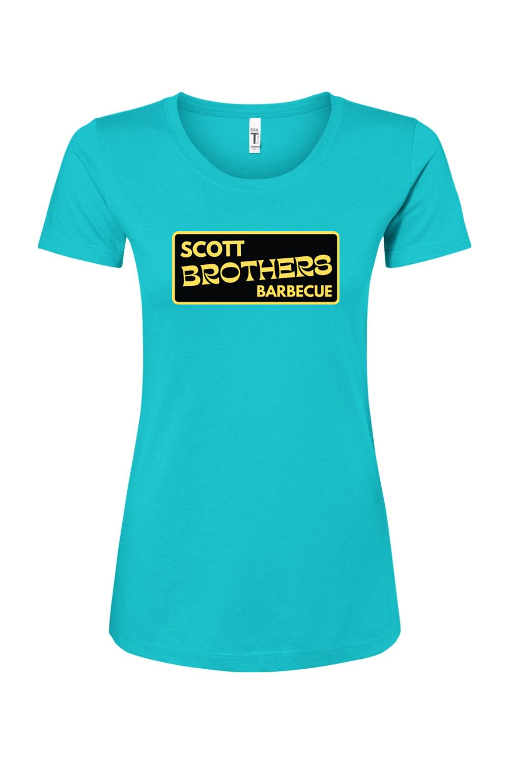 Teal women's cotton-blend t-shirt featuring a black and gold Scott Brothers Barbecue logo graphic on the chest.