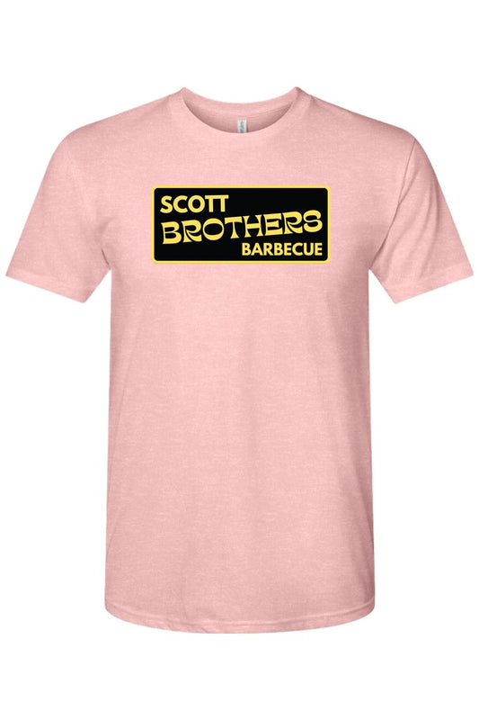Soft pink triblend t-shirt featuring a black and gold Scott Brothers Barbecue logo on the chest.