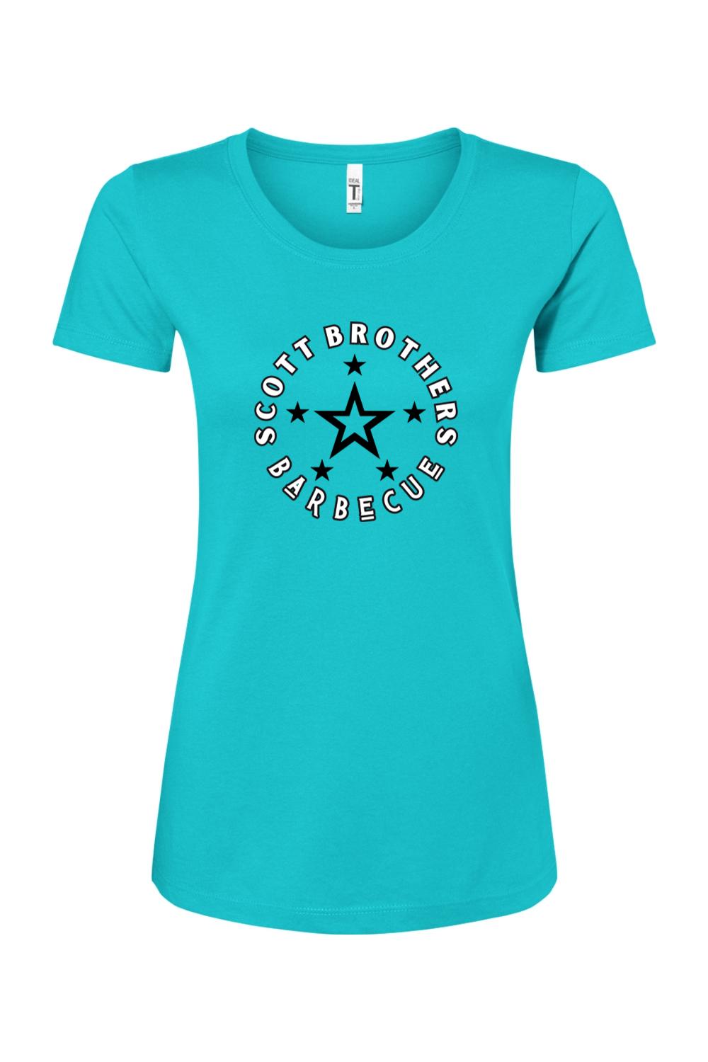 Turquoise women's cotton-blend t-shirt featuring a black Scott Brothers Barbecue star logo graphic on the chest.