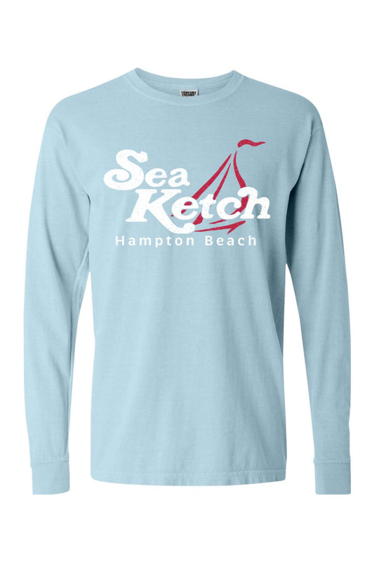 Light blue Comfort Colors long sleeve t-shirt with white Sea Ketch Hampton Beach sailboat graphic print.