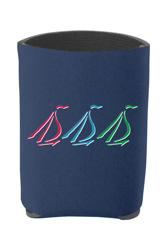 Navy blue foam can cooler featuring a graphic of three stylized sailboats in red, blue, and green.