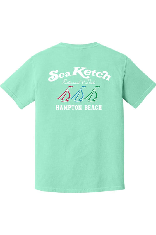 Mint green Comfort Colors t-shirt featuring a white Sea Ketch tri-sail nautical graphic on the back.