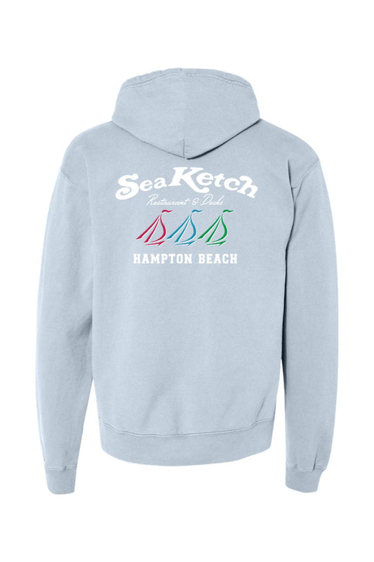 Light blue midweight hoodie featuring a Sea Ketch Hampton Beach tri-sail logo graphic on the back.
