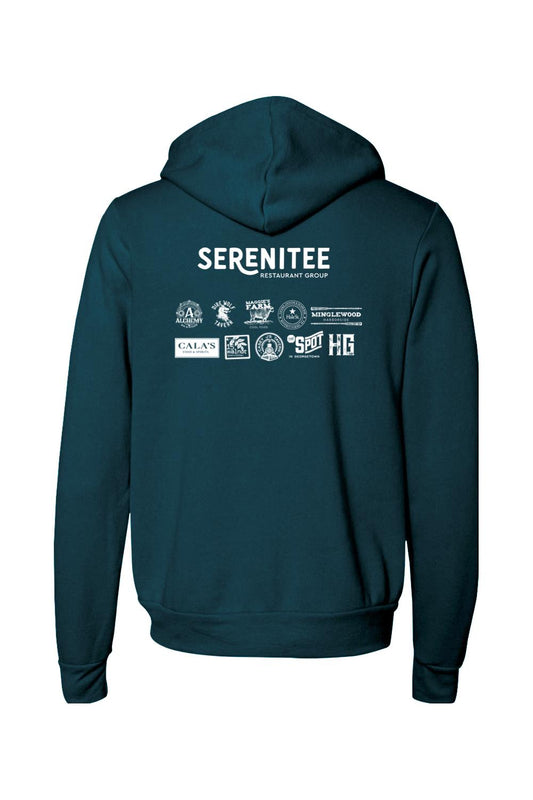 Teal sponge fleece full-zip hoodie featuring the white Serenitee Restaurant Group logo and restaurant icons on the back.