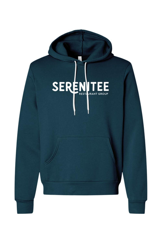 Dark teal sponge fleece hoodie with white Serenitee Restaurant Group logo, drawstring hood, and front kangaroo pocket.