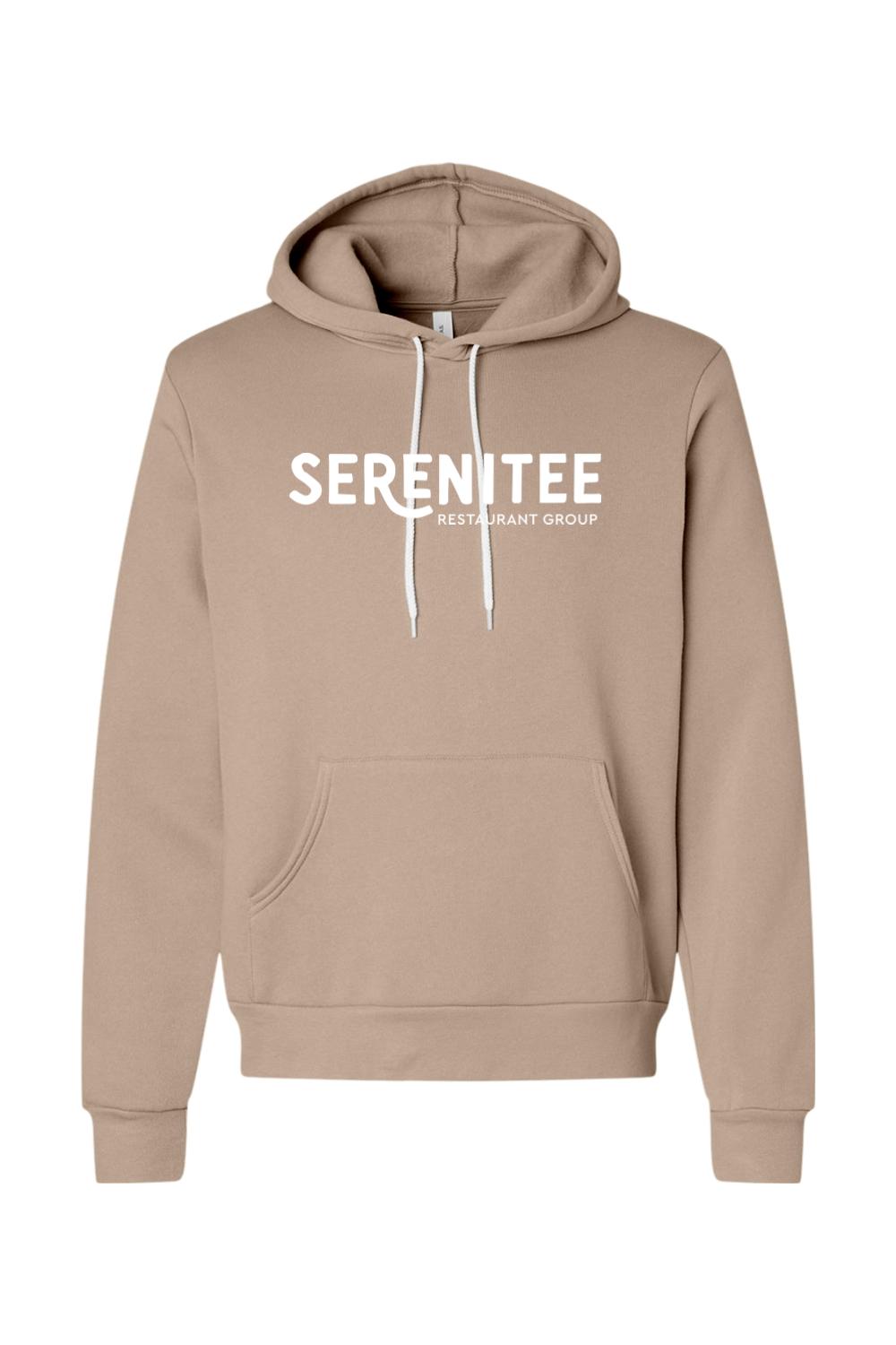 Tan sponge fleece hoodie with white Serenitee Restaurant Group logo, featuring a front pocket and drawstring hood.