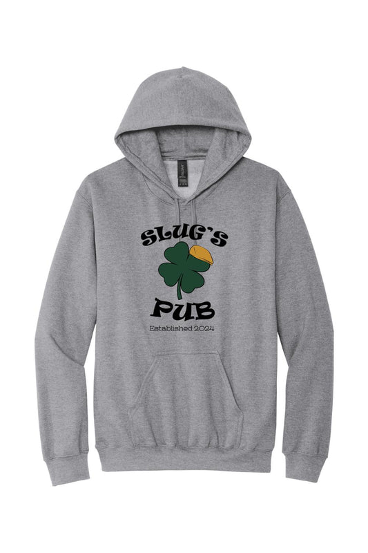 Grey heather pullover hoodie featuring a Slug's Pub logo with a green shamrock and yellow cap graphic.