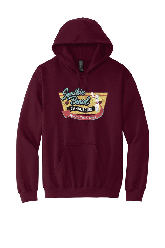 Maroon men's hoodie with a vintage Southie Bowl logo, featuring a drawstring hood and front kangaroo pocket.