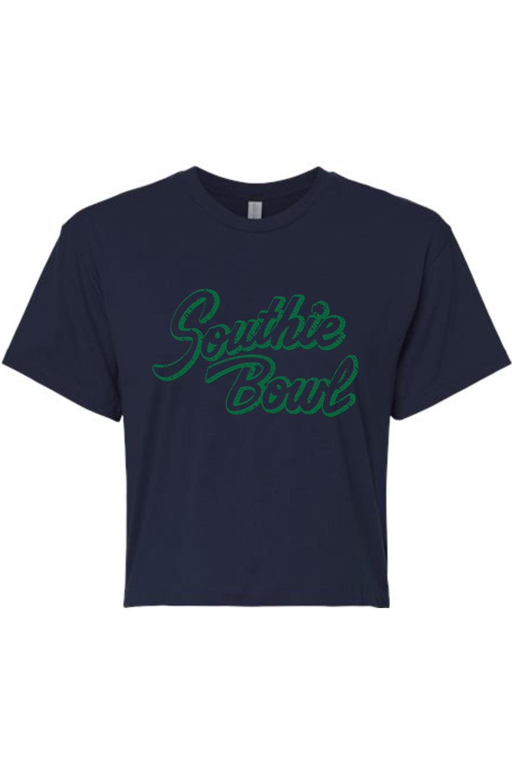 Navy blue cropped t-shirt featuring green Southie Bowl script text in a soft cotton-polyester blend.