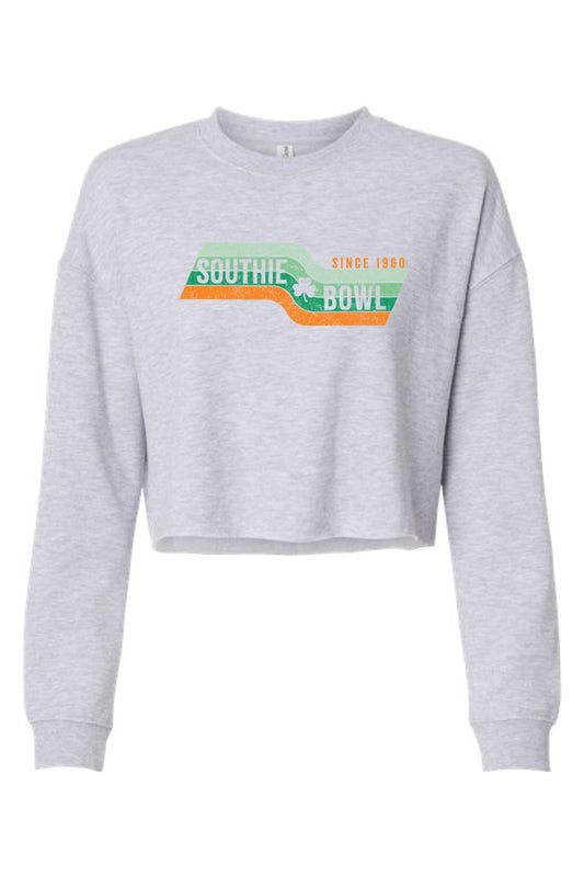 Light gray cropped crewneck sweatshirt with a retro Southie Bowl graphic and clover detail.