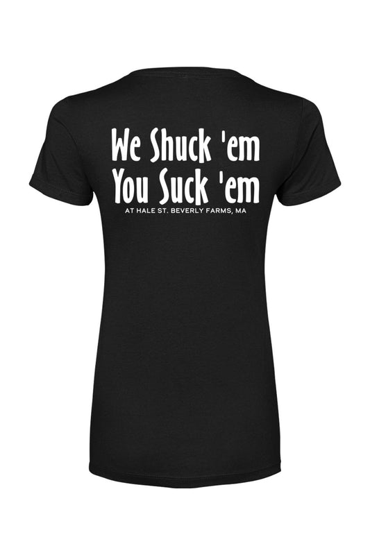 Black women's cotton blend uniform t-shirt featuring white We Shuck 'em You Suck 'em text on the back.