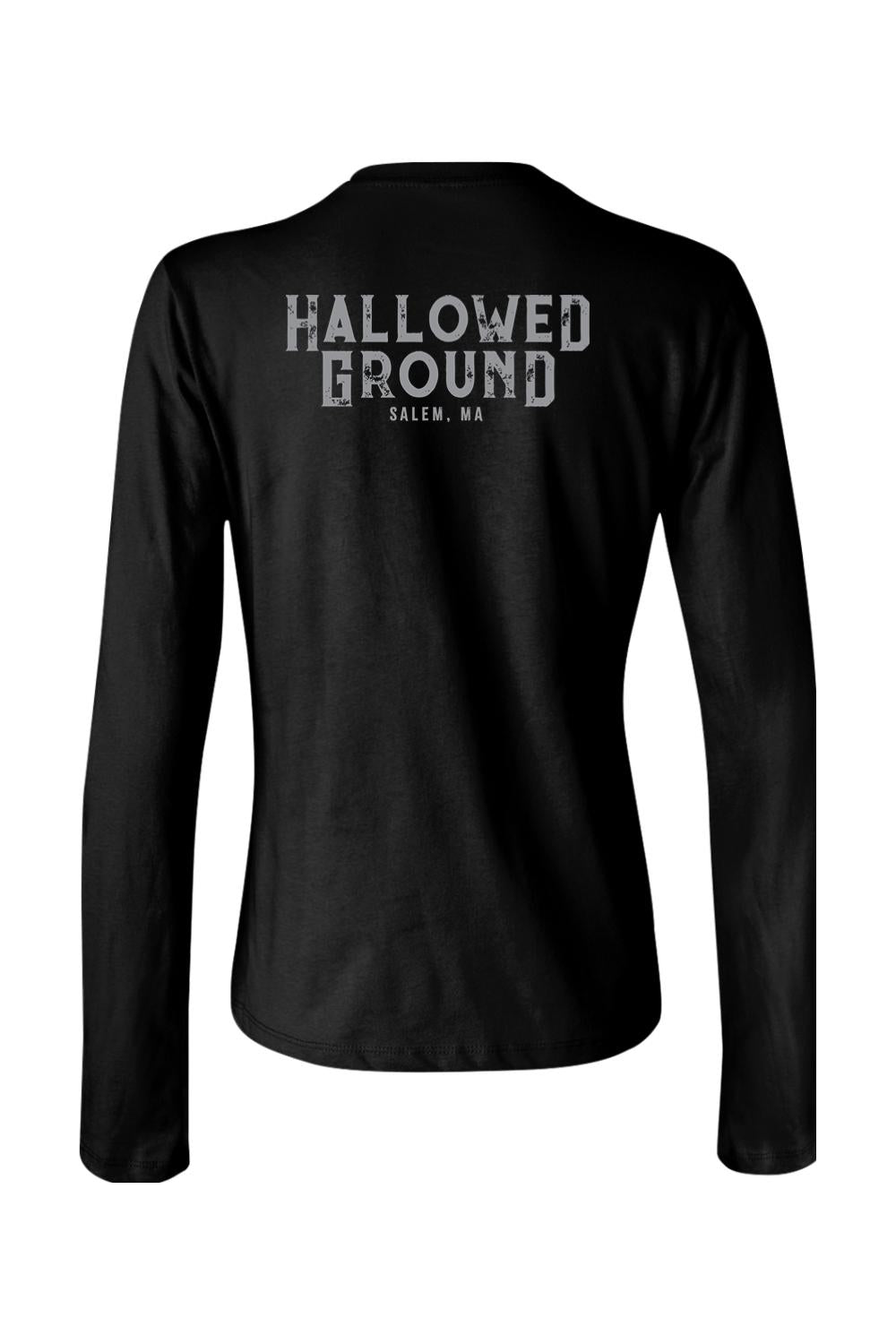 Black women's long sleeve cotton t-shirt featuring Hallowed Ground Salem, MA text on the back.