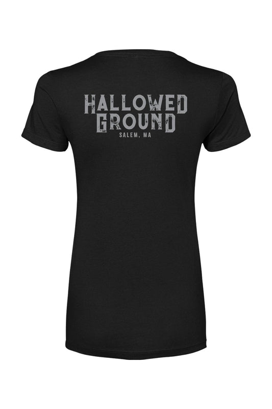 Black women's cotton blend t-shirt featuring a distressed gray Hallowed Ground Salem, MA logo on the back.