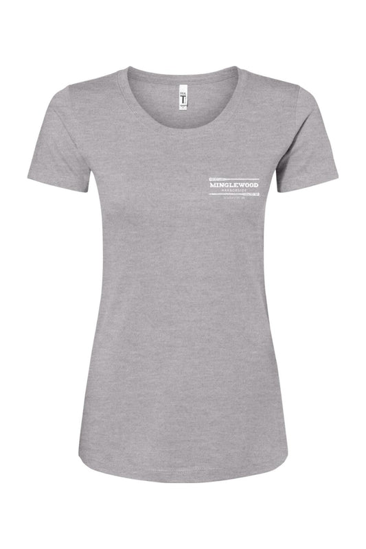Grey women's cotton blend crewneck t-shirt featuring a white Minglewood Harborside logo printed on the left chest.