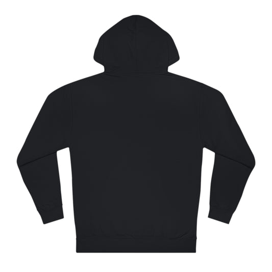 Back view of a plain black men's hooded sweatshirt in a regular fit, made from medium-heavy cotton-polyester fleece.