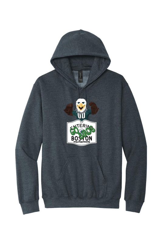 Dark heather grey pullover hoodie featuring a Swoops eagle mascot graphic and Entering Boston text design.