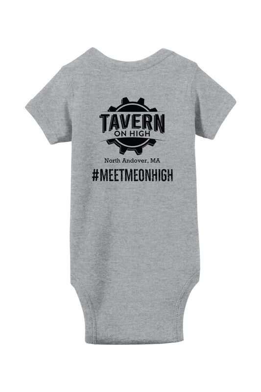 Grey infant bodysuit featuring a black Tavern on High gear logo and #MEETMEONHIGH text on the chest.