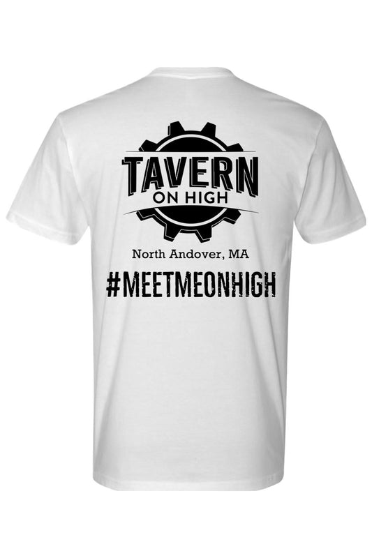 White cotton crew neck t-shirt featuring a black Tavern on High gear logo and #MEETMEONHIGH text on the back.