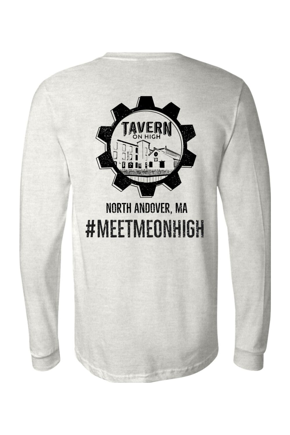Light grey long-sleeve cotton tee featuring a black Tavern on High gear logo and North Andover, MA text on the back.
