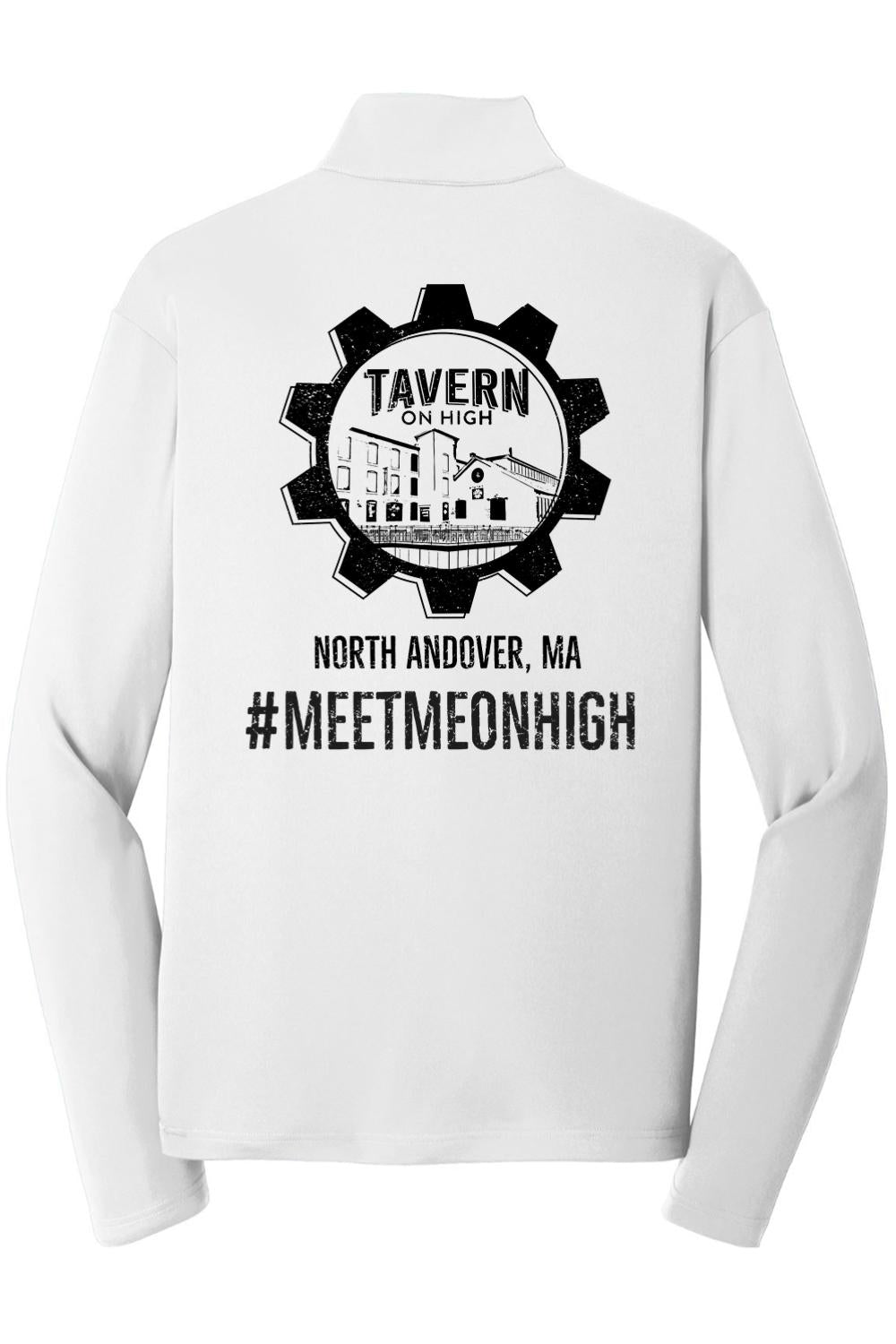 White moisture-wicking quarter-zip pullover featuring a black Tavern on High gear logo on the back.