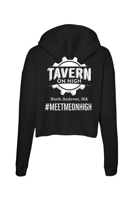 Black cropped hoodie with white Tavern on High gear logo and #MEETMEONHIGH text on the back.