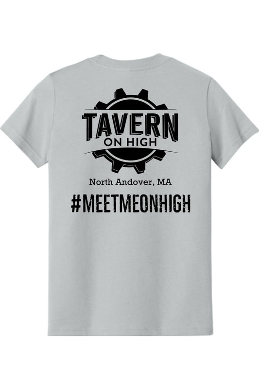 Light gray youth cotton t-shirt featuring a black Tavern on High gear logo and hashtag on the back.