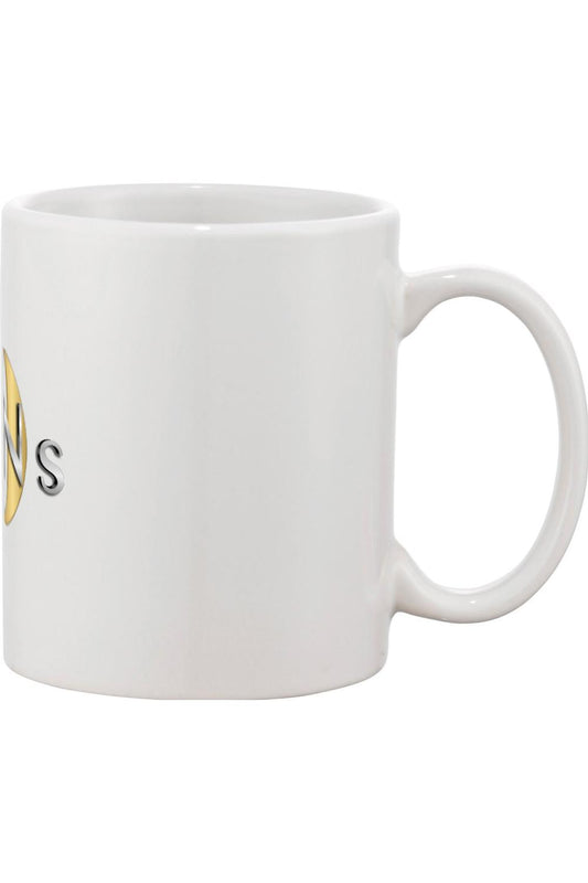 White ceramic mug featuring a yellow smiley face graphic and the Tens Show Club logo.