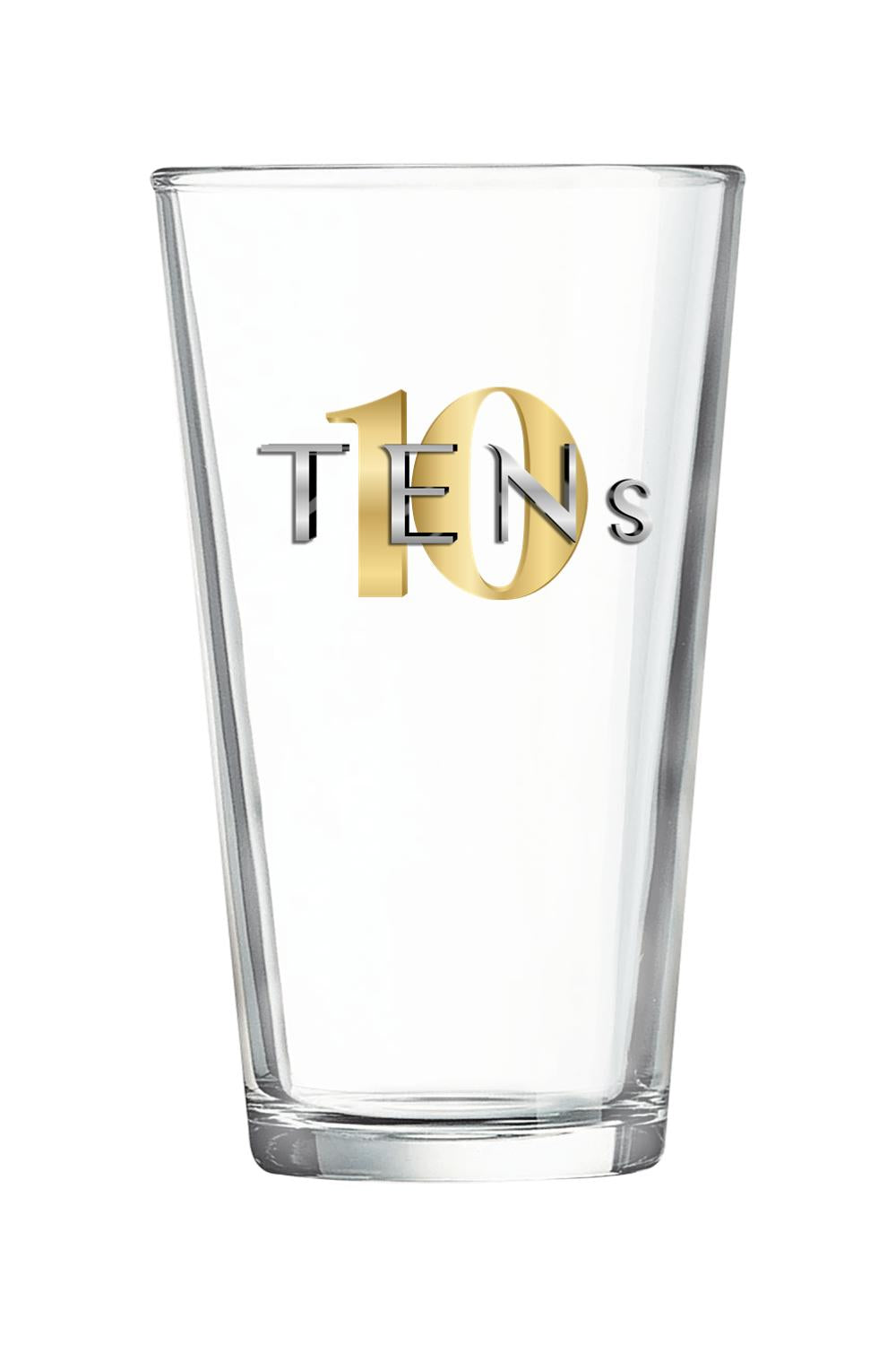 Clear glass pint glass featuring a gold and silver Tens Show Club logo on a white background.