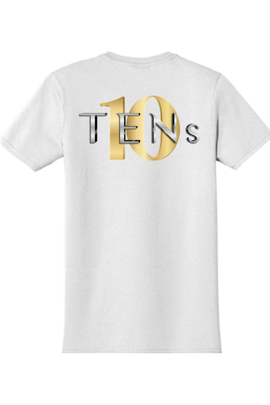White cotton women's tee featuring a metallic gold and silver TENS logo graphic on the back.