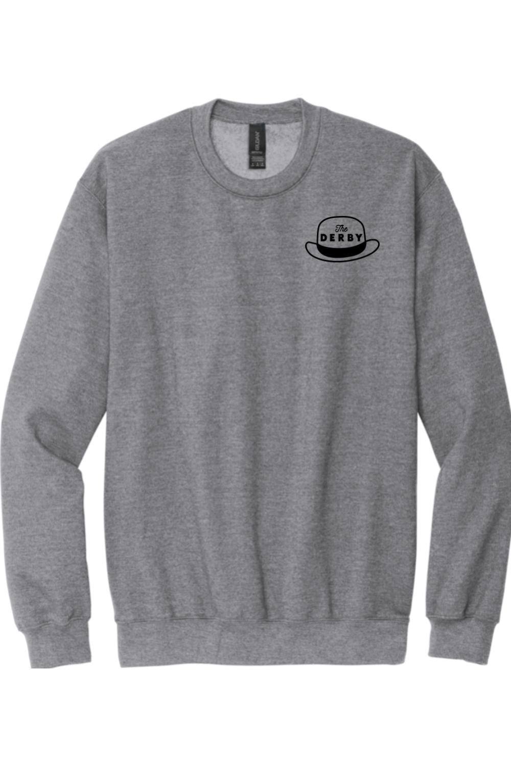 Grey long-sleeve crewneck sweatshirt featuring a black The Derby hat logo on the left chest.