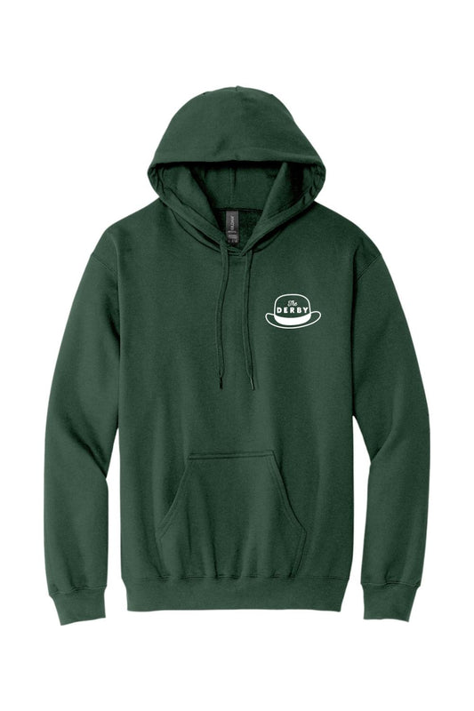 Forest green midweight hoodie with a white The Derby hat logo on the chest and a front kangaroo pocket.