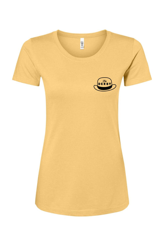 Mustard yellow women's relaxed-fit tee with a black Derby hat logo on the chest, made from soft cotton-poly blend.