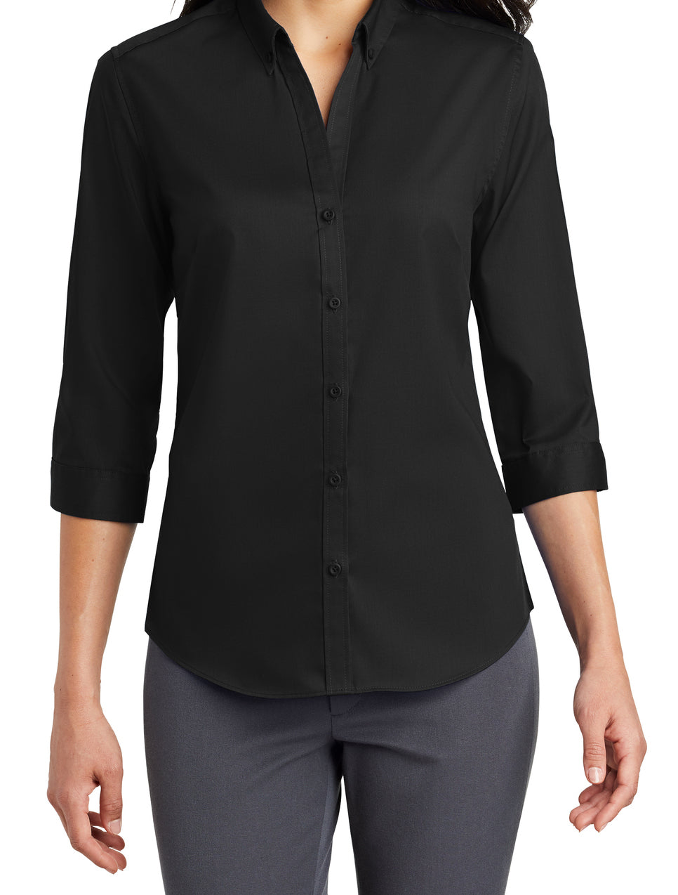 Black women's 3/4-sleeve cotton-poly twill shirt with a button-down collar and matching buttons.