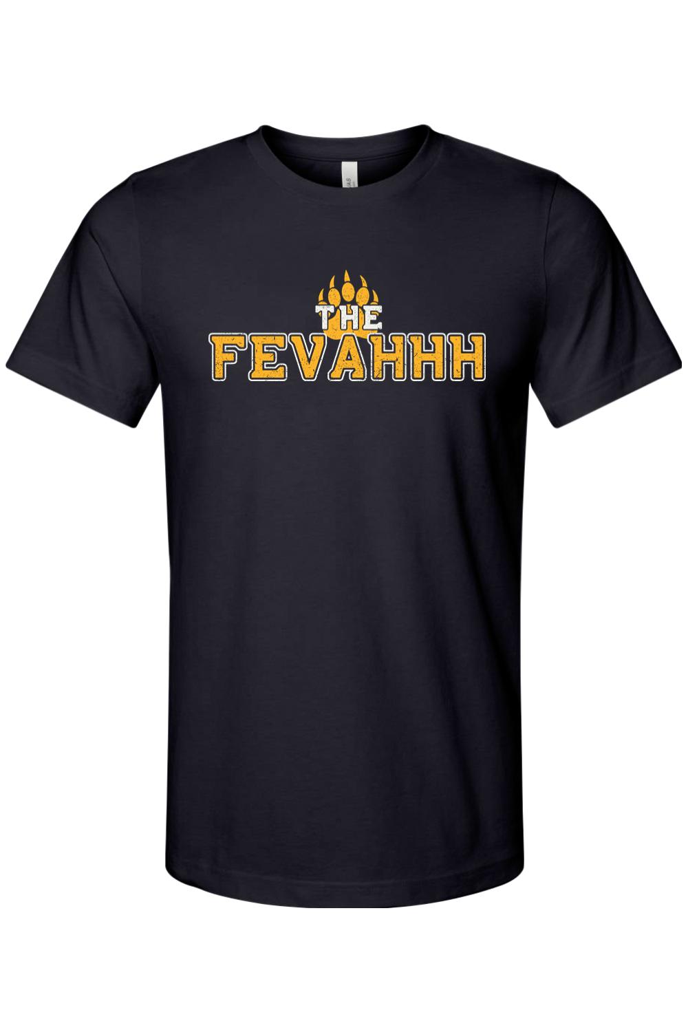 Black crew neck t-shirt featuring The Fevahhh text in yellow with a bear claw graphic on the chest.