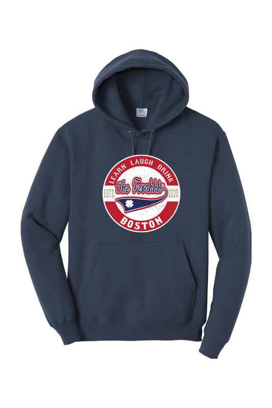 Navy blue pullover hoodie featuring a circular Learn Laugh Drink Boston graphic with a shamrock and red accents.