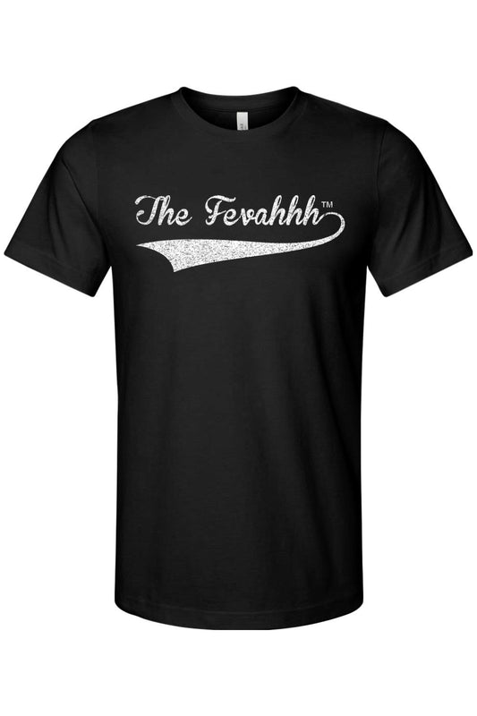 Black cotton crew neck t-shirt featuring a white distressed The Fevahhh logo graphic across the chest.