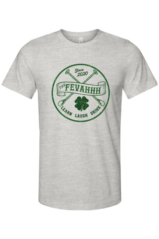 Heather gray jersey tee featuring a green circular graphic with a shamrock, crossed spoons, and The Fevahhh text.