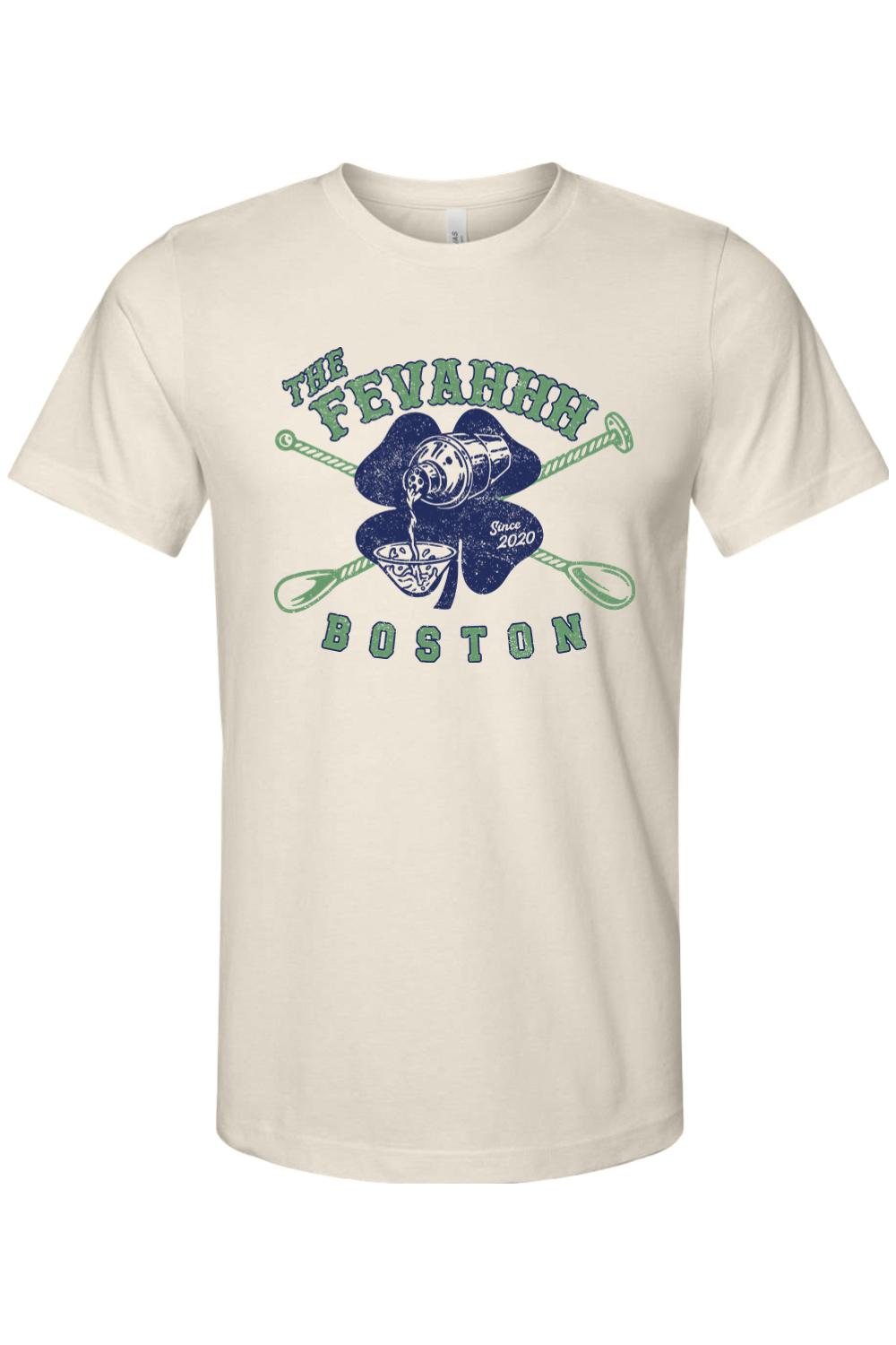 Cream-colored crew neck jersey tee featuring a green shamrock graphic with a cocktail shaker and Boston text.