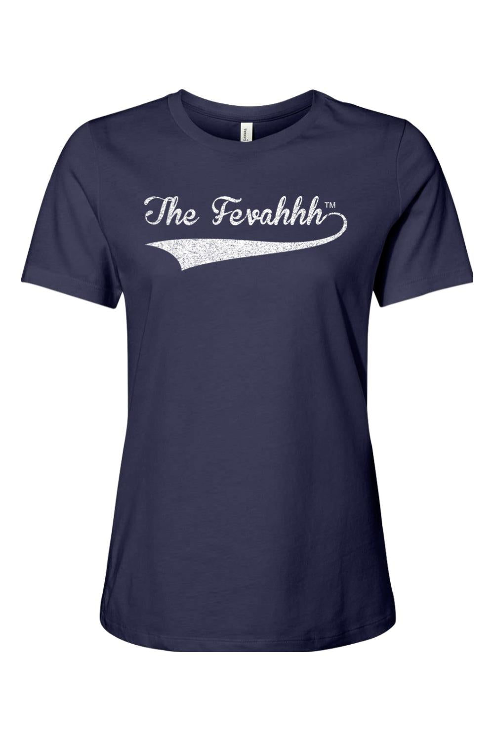Navy blue women's cotton t-shirt featuring a white distressed script logo that reads The Fevahhh.