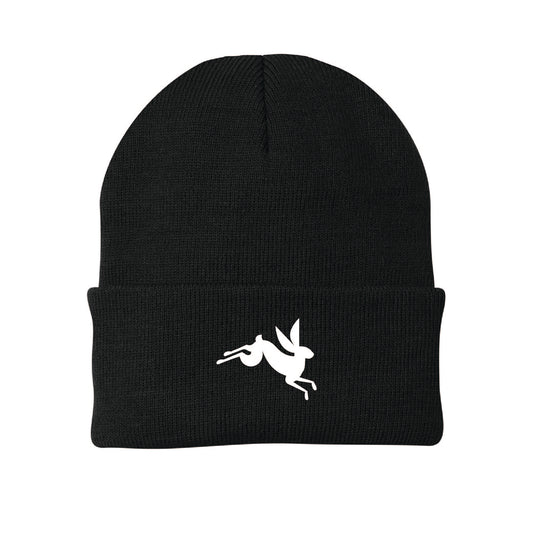 Black knit beanie featuring a white embroidered jumping bunny rabbit design on the folded cuff.