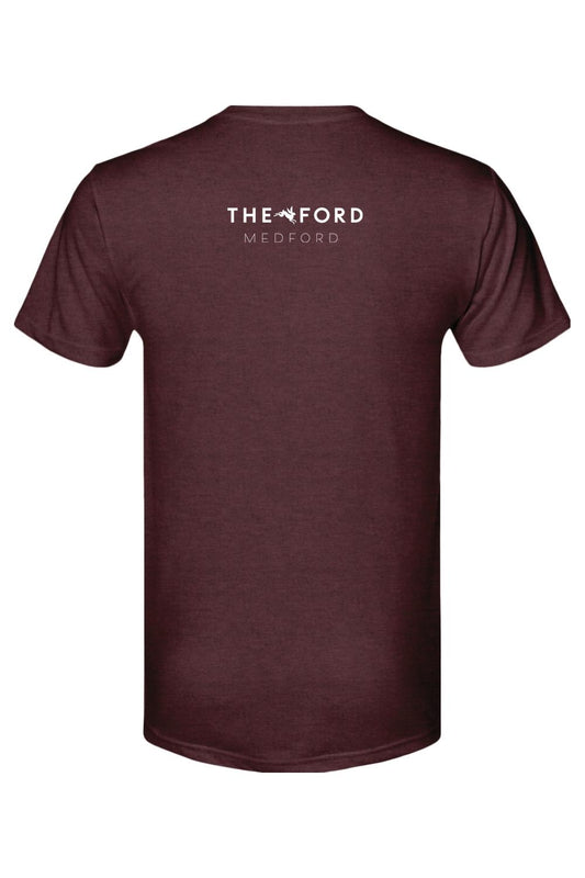 Maroon triblend t-shirt featuring The Ford Medford logo with a small white bunny graphic on the back.