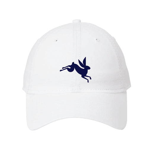 White unstructured cotton cap featuring a navy blue jumping Ford bunny logo on the front.