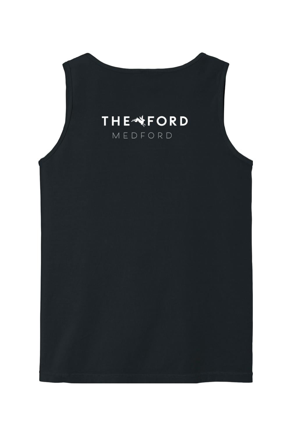 Black Comfort Colors cotton tank top featuring The Ford Medford white logo on the back.