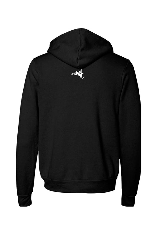 Back view of a black full-zip fleece hoodie featuring a small white leaping rabbit logo on the upper back.