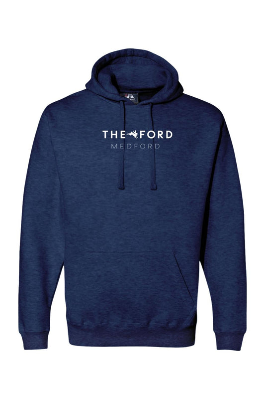 Navy blue heathered premium hoodie with white The Ford Medford logo and front kangaroo pocket.