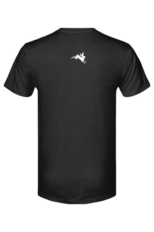 Black short-sleeve triblend t-shirt featuring a small white rabbit logo centered on the upper back.