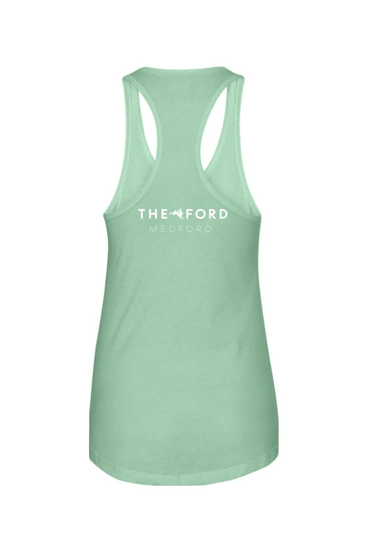 Light green cotton-blend racerback tank top featuring The Ford Medford logo in white on the back.